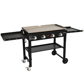 Commercial Griddle on Cart, 36" Heavy Duty Manual Flat Top Griddle, Outdoor Cooking Station with Side Shelves, Steel LPG Gas Griddle