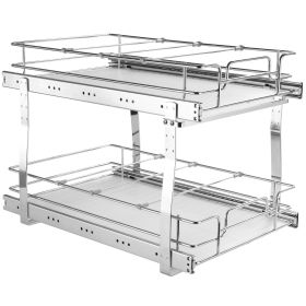 2 Tier 14"W x 21"D Pull Out Cabinet Organizer, Heavy Duty Slide Out Pantry Shelves, Chrome-Plated Steel Roll Out Drawers