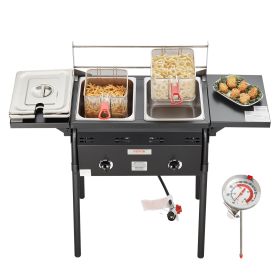 Outdoor Propane Deep Fryer, Double Burners Commercial Fryer, 16 Qt Stainless Steel Cooker with Removable Baskets & Lids & Tanks